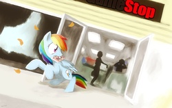 Size: 2597x1646 | Tagged: dead source, safe, artist:themightycoolblender, rainbow dash, g4, gamestop, hello kitty, looking back, rearing, sanrio, stealing