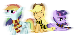 Size: 1100x543 | Tagged: safe, artist:rovaa, applejack, rainbow dash, twilight sparkle, alicorn, pony, g4, clothes, female, harry potter (series), mare, scarf, twilight sparkle (alicorn)