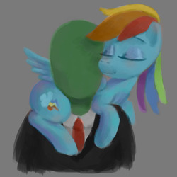 Size: 1284x1284 | Tagged: safe, artist:lime-tree-art, rainbow dash, oc, oc:anon, human, pony, g4, clothes, drawthread, duo, female, mare, necktie, nuzzling, on shoulder, requested art, suit