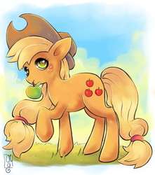 Size: 750x850 | Tagged: safe, artist:co0kie-cat, applejack, earth pony, pony, g4, apple, female, mare, mouth hold, solo