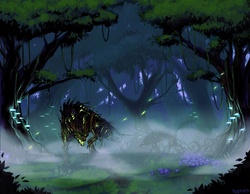 Size: 1440x1120 | Tagged: safe, artist:eosphorite, timber wolf, duo, everfree forest, fog, forest, glowing eyes, monster