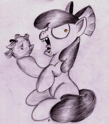 Size: 1872x2129 | Tagged: safe, artist:inky-draws, apple bloom, g4, apple, cartoon, female, razor, solo, traditional art