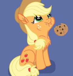Size: 822x851 | Tagged: safe, artist:bri-sta, artist:glittering-pony, artist:longren, edit, applejack, g4, chest fluff, colored, cookie, eating, female, filly, nom, simple background, sitting, solo