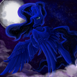 Size: 894x894 | Tagged: safe, artist:adelind13, princess luna, g4, cloud, cloudy, female, moon, night, smiling, solo