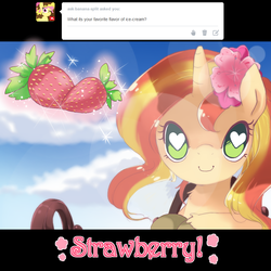Size: 900x900 | Tagged: dead source, safe, artist:loyaldis, sunset shimmer, pony, unicorn, g4, ask, cute, female, flower, flower in hair, food, heart eyes, mare, shimmerbetes, smiling, solo, strawberry, tumblr, wingding eyes
