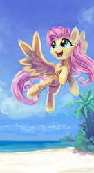 Size: 950x1750 | Tagged: safe, artist:kp-shadowsquirrel, fluttershy, pegasus, pony, g4, beach, cute, female, flying, mare, ocean, palm tree, shyabetes, solo, spread wings, tree, water, wings