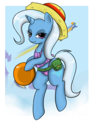 Size: 900x1200 | Tagged: safe, artist:pijinpyon, spitfire, trixie, pony, g4, bipedal, clothes, female, frisbee, hat, solo, swimsuit