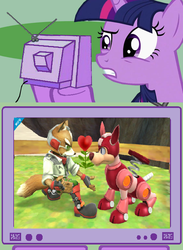 Size: 563x769 | Tagged: safe, twilight sparkle, dog, fox, g4, exploitable meme, fox mccloud, mega man (series), rush, star fox, tv meme