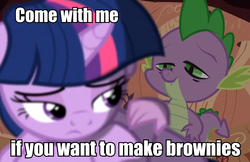 Size: 817x531 | Tagged: safe, edit, edited screencap, screencap, spike, twilight sparkle, dragon, pony, unicorn, g4, magical mystery cure, brownie, duo, female, image macro, looking back, male, mare, mid-blink screencap, stoner spike, terminator, unicorn twilight