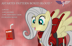 Size: 1400x900 | Tagged: safe, artist:a4r91n, fluttershy, g4, blood angels, crossover, fangs, female, flutterbat, fluttergasm, funny, hilarious in hindsight, i made a thing, juice box, parody, power armor, powered exoskeleton, purity seal, smiling, solo, space marine, text, warhammer (game), warhammer 40k