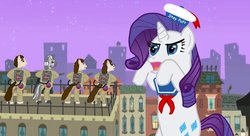 Size: 1212x659 | Tagged: safe, artist:lachlantemplar, rarity, zebra, anthro, g4, crossover, ghostbusters, macro, manehattan, marshmallow, ponified, rarity is a marshmallow, stay puft marshmallow man, zebrafied