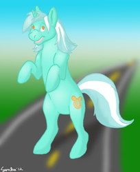 Size: 514x630 | Tagged: safe, artist:sombrathewolf, lyra heartstrings, pony, unicorn, g4, bipedal, blurry background, female, no pupils, rearing, road, smiling, solo