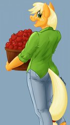 Size: 723x1280 | Tagged: safe, artist:hobbsmeerkat, applejack, earth pony, anthro, g4, apple, female, food, simple background, solo