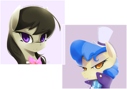 Size: 1024x724 | Tagged: safe, artist:derpiihooves, octavia melody, sapphire shores, g4, bowtie, bust, colored pupils, duo, hat, looking at you, portrait