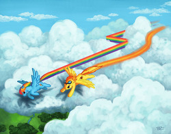 Size: 1008x792 | Tagged: safe, artist:ladyviridis, rainbow dash, spitfire, g4, cloud, cloudy, flying, goggles, race, sky