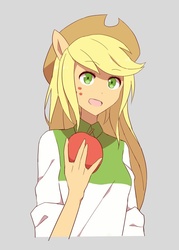 Size: 500x700 | Tagged: safe, artist:yow, applejack, equestria girls, g4, apple, female, obligatory apple, simple background, solo