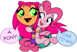 Size: 2150x1469 | Tagged: safe, artist:ravenevert, pinkie pie, g4, clothes, crossover, dialogue, grin, hug, midriff, simple background, skirt, smiling, starfire, teen titans, teen titans go, transparent background