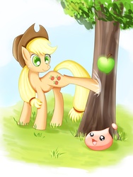 Size: 1944x2592 | Tagged: safe, artist:roshichen, applejack, earth pony, pony, poring, g4, apple, apple tree, applebucking, colored pupils, crossover, ragnarok online, tree