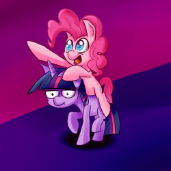 Size: 1500x1500 | Tagged: safe, artist:senx, pinkie pie, twilight sparkle, g4, pinkie pie riding twilight, ponies riding ponies, riding, twilight sparkle is not amused, unamused