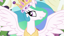 Size: 1920x1080 | Tagged: safe, screencap, princess celestia, alicorn, pony, g4, magical mystery cure, canterlot castle, celestia's ceremonial crown, clothes, coronation dress, crown, dress, female, long hair, mare, smiling, solo, spread wings, throne, wallpaper, wings