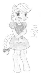 Size: 755x1317 | Tagged: safe, artist:limpurtikles, applejack, earth pony, anthro, unguligrade anthro, g4, clothes, dress, female, frilly dress, monochrome, solo, traditional art