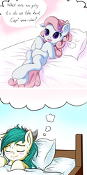 Size: 2755x5511 | Tagged: safe, artist:nac0n, capricorn (g4), virgo (g4), earth pony, pony, g4, bed, blushing, capricorn, duo, duo female, eyes closed, female, imminent sex, implied incest, lesbian, mare, on bed, pillow, pomf, ponyscopes, ship:caprigo, virgo, what are we gonna do on the bed?, zodiac