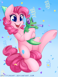 Size: 1200x1600 | Tagged: safe, artist:spittfireart, gummy, pinkie pie, earth pony, pony, g4, cute, diapinkes, female, hat, mare, open mouth, open smile, party hat, party horn, smiling, streamers