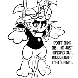 Size: 576x576 | Tagged: safe, artist:pembroke, sweetie belle, meowth, black and white, clothes, costume, dialogue, female, floppy ears, grayscale, hanging, horn piercing, lidded eyes, meanie belle, monochrome, nose piercing, nostril piercing, open mouth, piercing, pokémon, rope, simple background, solo, white background
