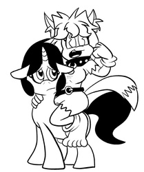 Size: 512x612 | Tagged: safe, artist:pembroke, oc, oc only, oc:ink blot, pony, unicorn, breasts, clothes, demon dog, furry, monochrome, riding