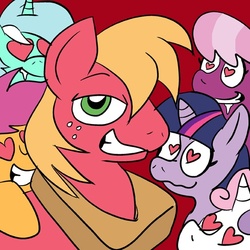 Size: 512x512 | Tagged: safe, artist:pembroke, big macintosh, cheerilee, lyra heartstrings, scootaloo, sweetie belle, twilight sparkle, earth pony, pony, g4, big macintosh gets all the mares, drool, female, harem, heart eyes, lyramac, male, scootamac, ship:cheerimac, ship:sweetiemac, ship:twimac, shipping, stallion, straight, swag, wingding eyes