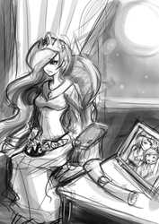 Size: 2000x2831 | Tagged: safe, artist:ereb-tauramandil, princess celestia, princess luna, human, g4, crying, humanized, monochrome, moon, picture, sad, woona