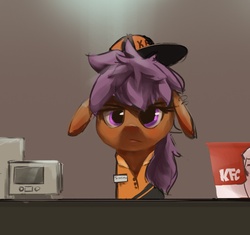 Size: 1090x1026 | Tagged: source needed, safe, artist:palibyte, scootaloo, pegasus, pony, g4, clothes, fast food, female, food, kfc, solo, uniform, working