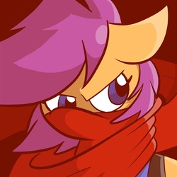 Size: 576x576 | Tagged: safe, artist:pembroke, scootaloo, g4, female, red background, simple background, solo, striderloo