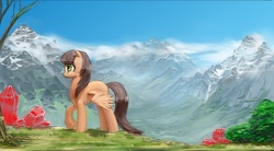 Size: 916x504 | Tagged: safe, artist:saurabhinator, oc, oc only, pegasus, pony, crystal, female, mare, mountain, pegasus oc, scenery, side view, solo