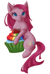 Size: 600x900 | Tagged: safe, artist:noa-la, pinkie pie, earth pony, pony, g4, apple, cupcake, female, pinkamena diane pie, rainbow cupcake, sitting, solo