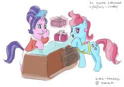 Size: 1280x898 | Tagged: safe, artist:king-kakapo, cookie crumbles, cup cake, earth pony, pony, unicorn, g4, 30 minute art challenge, apron, clothes, display case, earring, magic, present, simple background, telekinesis