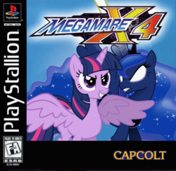 Size: 900x877 | Tagged: safe, artist:nickyv917, artist:prince-of-void, princess luna, twilight sparkle, alicorn, pony, g4, box art, capcom, crossover, esrb, female, k-a rating, mare, mega man (series), parody, playstation, playstation 1, sony, twilight sparkle (alicorn), video game