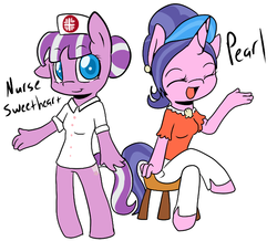 Size: 644x561 | Tagged: artist needed, safe, cookie crumbles, nurse sweetheart, earth pony, unicorn, anthro, g4, 30 minute art challenge, bipedal, crossed legs, simple background, white background