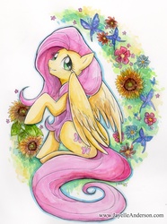 Size: 707x951 | Tagged: dead source, safe, artist:jayelle-anderson, fluttershy, butterfly, pegasus, pony, g4, cute, female, flower, mare, raised hoof, shyabetes, signature, simple background, sitting, solo, spread wings, sunflower, traditional art, watermark, white background, wings