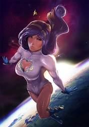 Size: 848x1200 | Tagged: safe, artist:quizzicalkisses, princess cadance, human, g4, boob window, breasts, busty princess cadance, cleavage, clothes, earth, female, flying, gloves, heart shaped boob window, humanized, power girl, sexy, solo, space, stupid sexy princess cadance, superhero