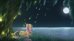 Size: 1920x1080 | Tagged: safe, artist:seyllah, fluttershy, firefly (insect), g4, female, glowing, moon, night, prone, solo, wallpaper, water