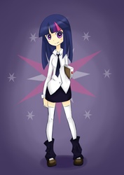 Size: 2480x3507 | Tagged: safe, artist:claudiaqh, twilight sparkle, human, g4, blushing, book, clothes, cutie mark background, dress shirt, female, humanized, looking at you, necktie, pixiv, skinny, skirt, smiling, socks, solo, thigh highs, thin