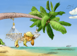 Size: 1275x927 | Tagged: safe, artist:blazang, artist:php131, applejack, g4, beach, collaboration, female, hammock, ocean, scenery, sleeping, solo