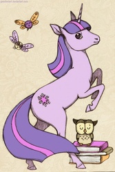 Size: 600x898 | Tagged: safe, artist:gescheitert, owlowiscious, twilight sparkle, parasprite, g4, book