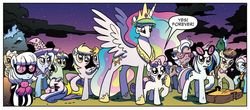 Size: 1004x440 | Tagged: safe, idw, official comic, derpy hooves, dj pon-3, hoity toity, lotus blossom, lyra heartstrings, mayor mare, octavia melody, photo finish, princess celestia, princess luna, sweetie belle, trixie, vinyl scratch, alicorn, earth pony, pegasus, pony, unicorn, g4, spoiler:comic, spoiler:comic08, comic, derpy hooves is not amused, female, hoity toity is not amused, lotus blossom is not amused, lyra is not amused, male, mare, mayor mare is not amused, momlestia fuel, nightmare rarity (arc), octavia is not amused, photo finish is not amused, protecting, spread wings, stallion, sweetie belle is not amused, trixie is not amused, unamused, vinyl scratch is not amused, wings