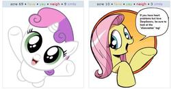 Size: 528x277 | Tagged: safe, idw, fluttershy, sweetie belle, friendship is magic #3, g4, my little pony: friendship is magic (idw), bad advice fluttershy, cute, diasweetes, exploitable meme, juxtaposition, juxtaposition win