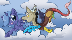 Size: 1024x579 | Tagged: safe, artist:dawnallies, discord, princess luna, pony, g4, female, male, ship:lunacord, shipping, straight, woona, younger
