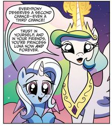 Size: 498x563 | Tagged: safe, idw, official comic, princess celestia, trixie, g4, spoiler:comic, spoiler:comic08, comic, implied princess luna, nightmare rarity (arc), the great and apologetic trixie