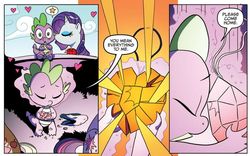 Size: 1005x629 | Tagged: safe, idw, official comic, rarity, spike, dragon, pony, unicorn, g4, spoiler:comic, spoiler:comic08, cheek kiss, comic, female, fire ruby, heart, kissing, male, mare, nightmare rarity (arc), ship:sparity, shipping, straight