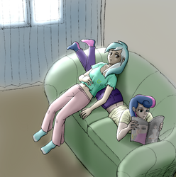 Size: 1138x1148 | Tagged: safe, artist:asdf314159265, bon bon, lyra heartstrings, sweetie drops, human, g4, clothes, couch, duo, female, humanized, magazine, reading, socks, vogue